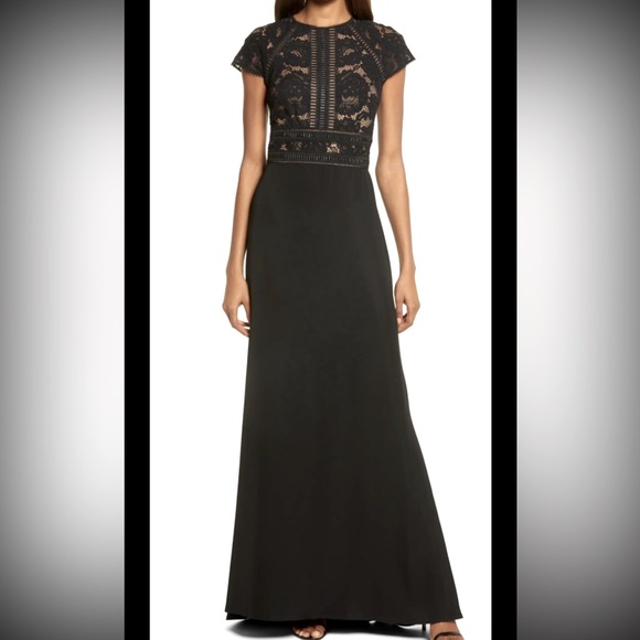 Tadashi Shoji Catrine Lace Bodice  Crepe Gown sz 12black/nudenew without tag